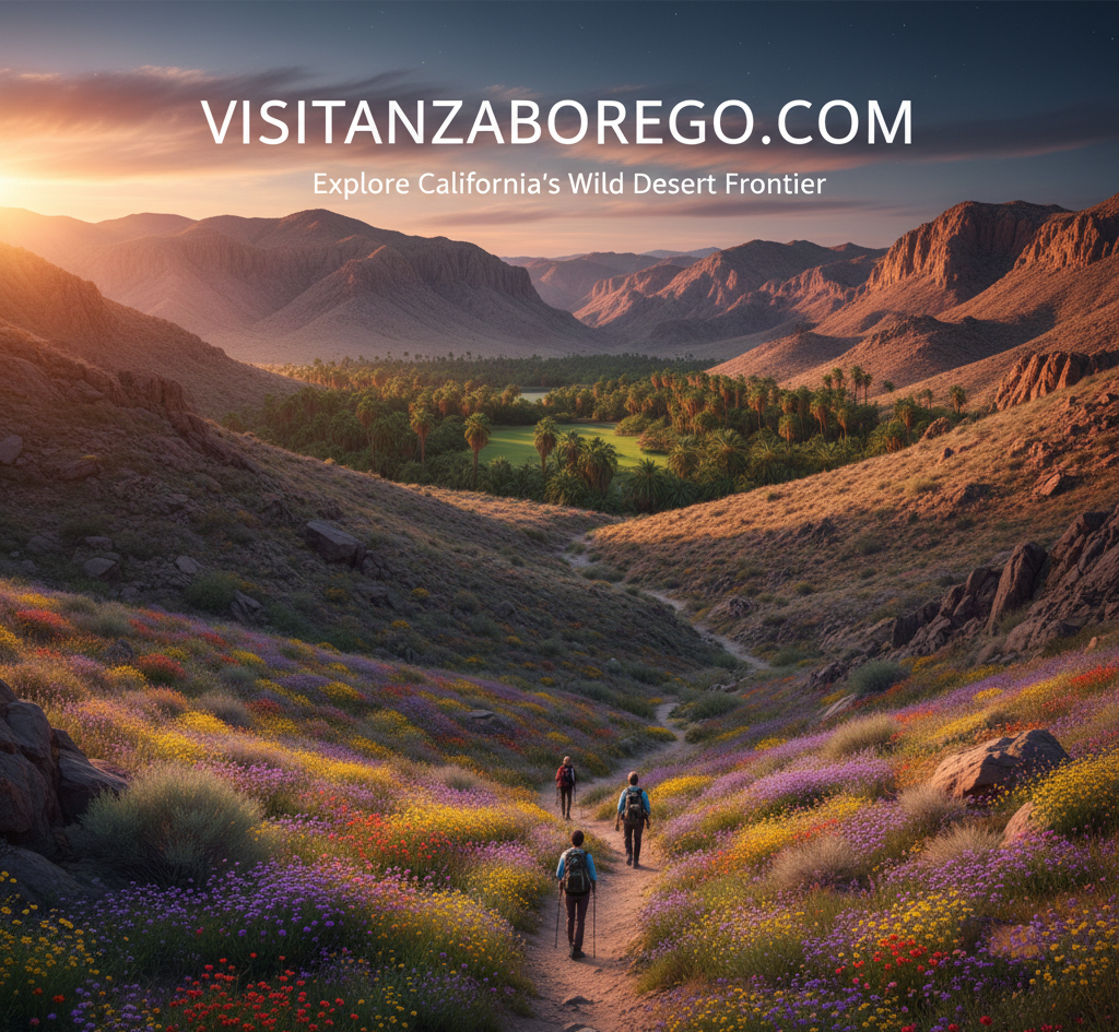 Anza-Borrego Desert wildflower bloom with hikers on a trail at sunset